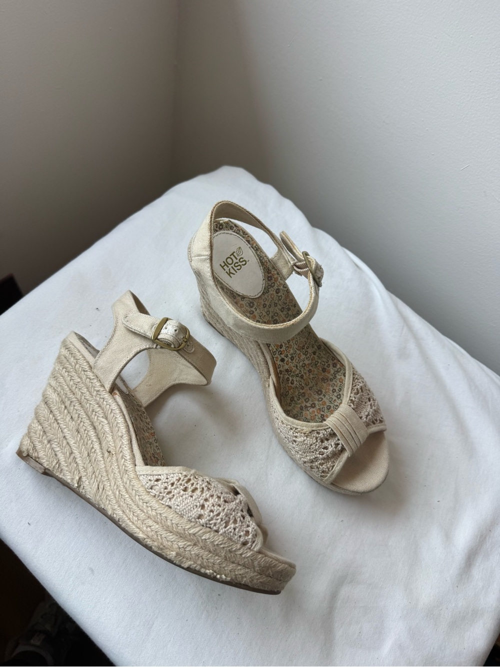 Y2K Hot Kiss Crochet Espadrille Wedge Sandals -
Cream Beige Boho Size 8